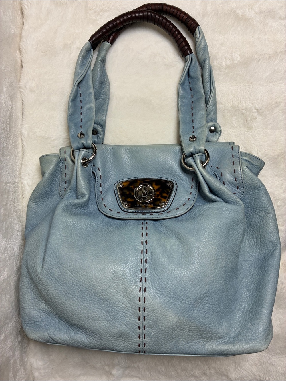 b. makowsky Light Blue Leather Shoulder Tote with Dark Wood-Wrapped Handles